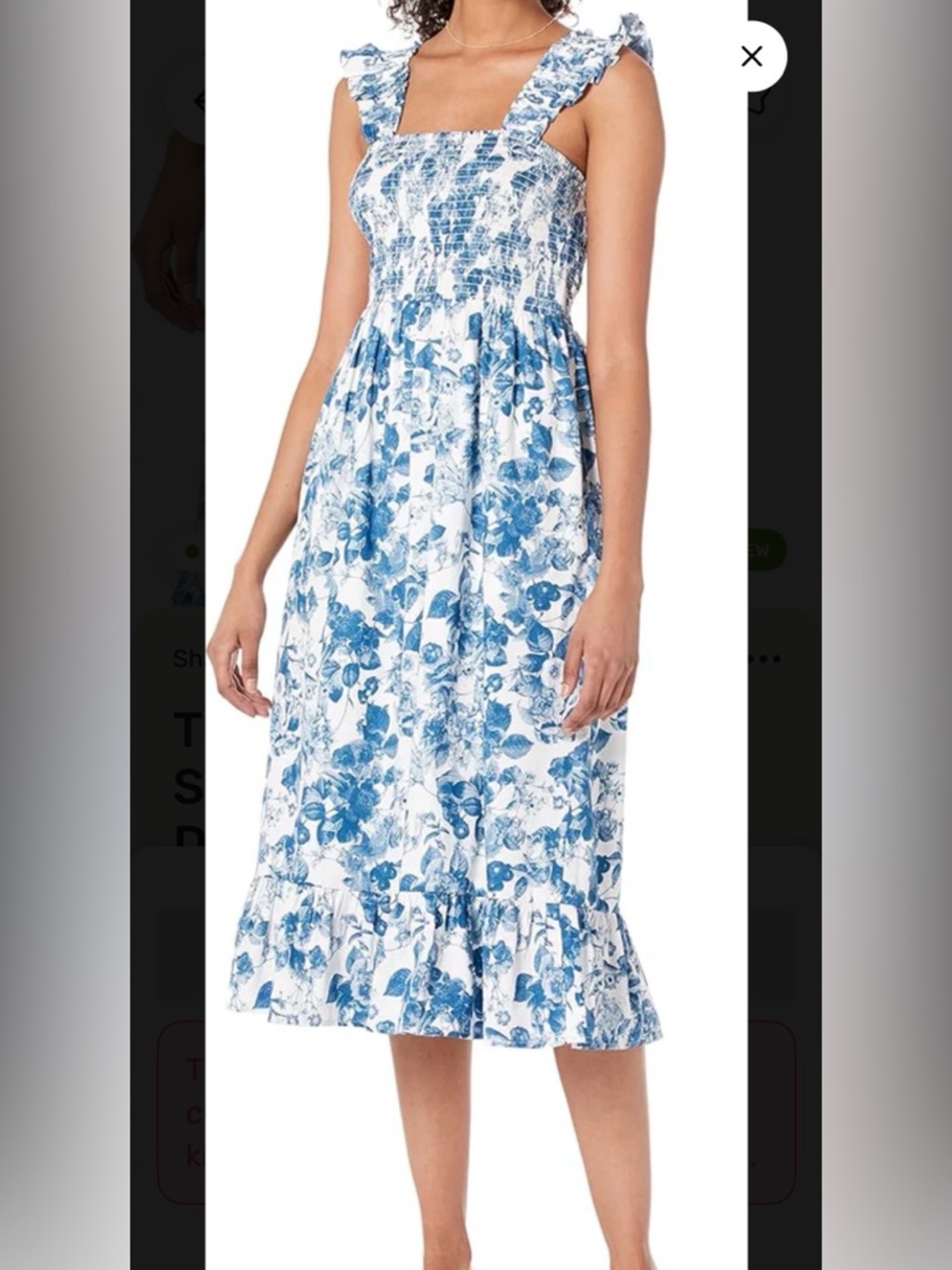 Smocked Square-Neck Blue Floral Midi Dress - Women